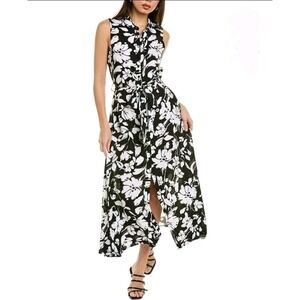 Ellen Tracy Floral A-line Sleeveless Black White Button Front Shirtdress